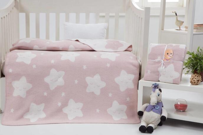 Dolce Bonita Home Pamuklu Çift Taraflı Bebek Battaniye 100x120 Star Açık Pudra - 1