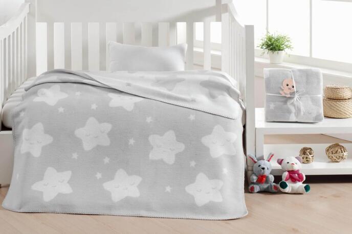 Dolce Bonita Home Pamuklu Çift Taraflı Bebek Battaniye 100x120 Star Açık Gri - 1
