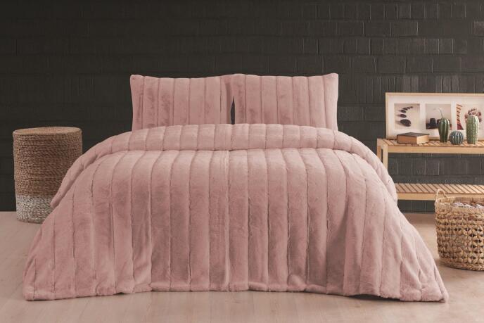 Merinos Luxe 3 Parça Çift Kişilik Yatak Örtüsü Seti Kutulu 230x250 Çizgili Pudra - 1