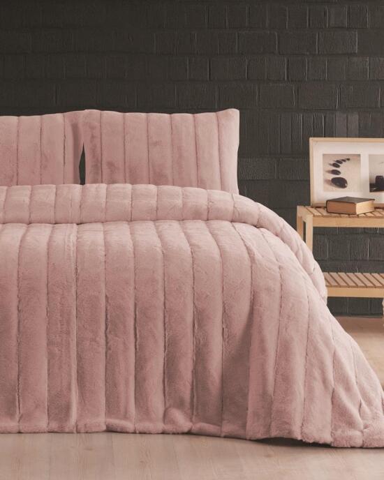 Merinos Luxe 3 Parça Çift Kişilik Yatak Örtüsü Seti Kutulu 230x250 Çizgili Pudra - 2
