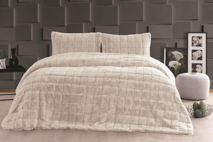 Merinos Luxe 3 Parça Çift Kişilik Yatak Örtüsü Seti Kutulu 230x250 Kareli Bej - 1