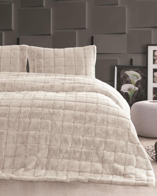 Merinos Luxe 3 Parça Çift Kişilik Yatak Örtüsü Seti Kutulu 230x250 Kareli Bej - 2