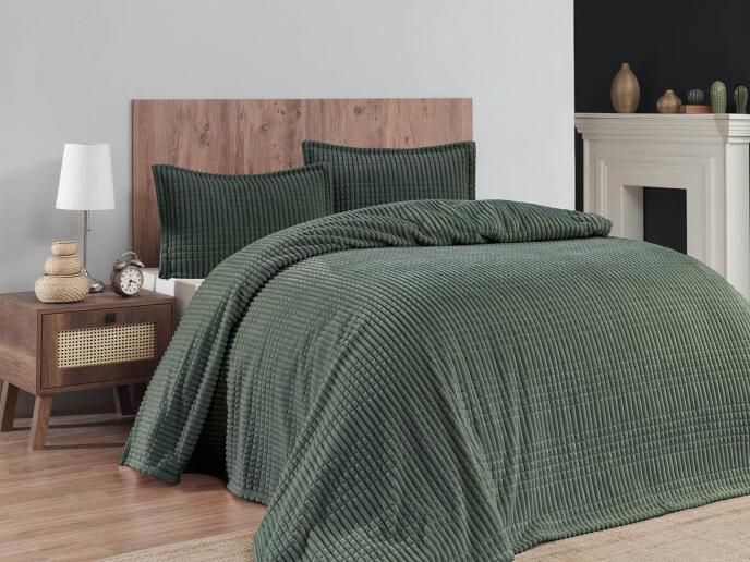 Merinos Modern Line 3 Parça Çift Kişilik Battaniye Seti Kutulu 220x240 Haki - 1