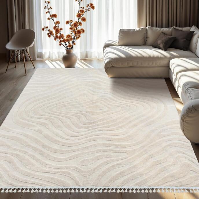 Dinarsu Alaçatı Püsküllü Kaymaz Taban Halı 150x230 Lots Açık Bej - 2