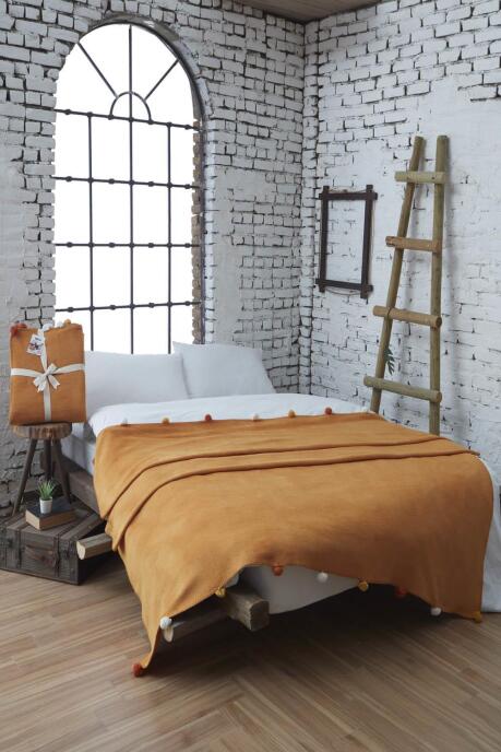 Dolce Bonita Home Tek Kişilik Ponponlu Pike Battaniye 150x200 Hardal - 3