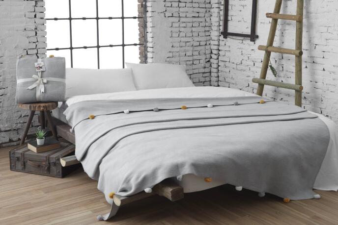 Dolce Bonita Home Tek Kişilik Ponponlu Pike Battaniye 150x200 Gri - 1