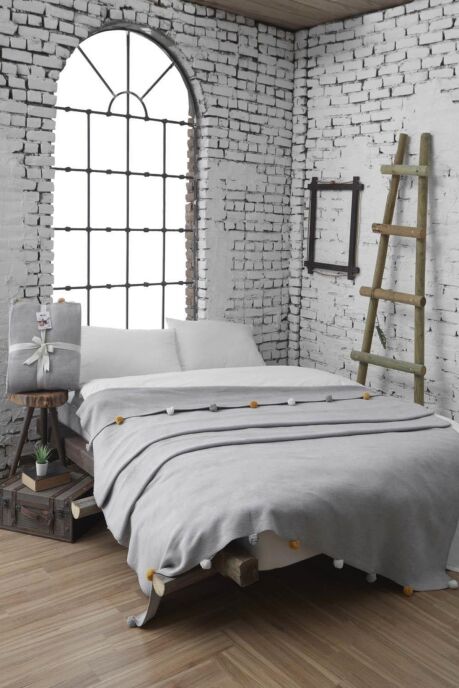 Dolce Bonita Home Tek Kişilik Ponponlu Pike Battaniye 150x200 Gri - 1